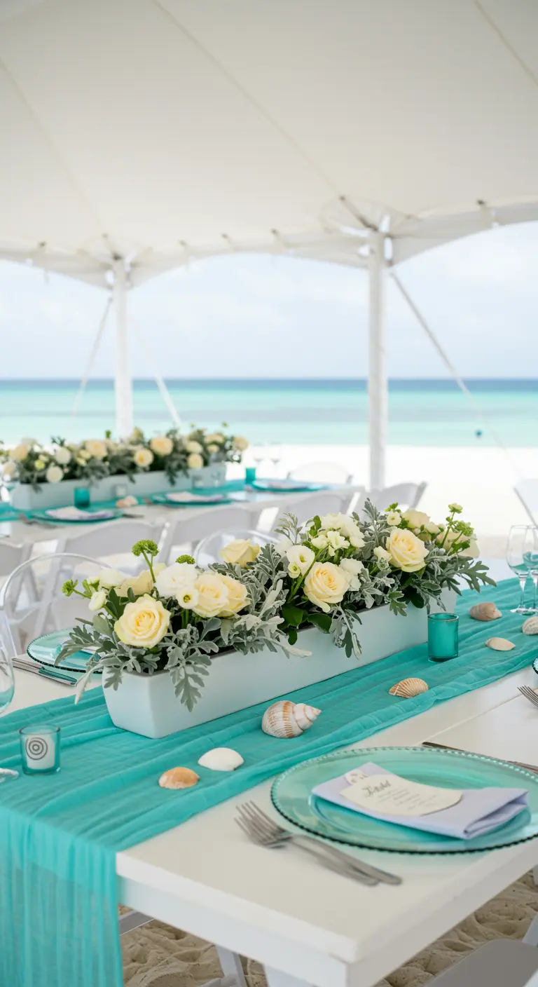 A long white planter with white and yellow roses on an aqua table runner.