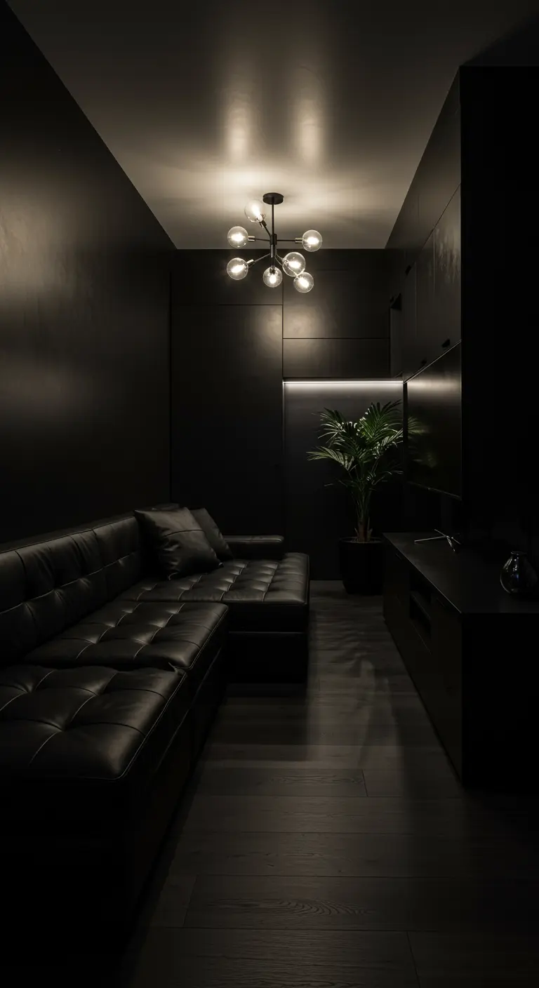 Long, dark room with a black leather sectional and a modern chandelier.