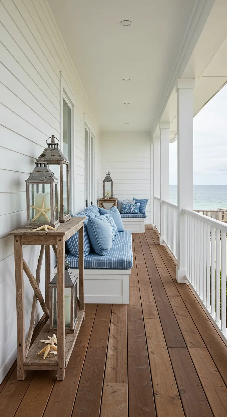 A long wooden porch with built-in benches, blue cushions, and rustic lanterns on a console table.