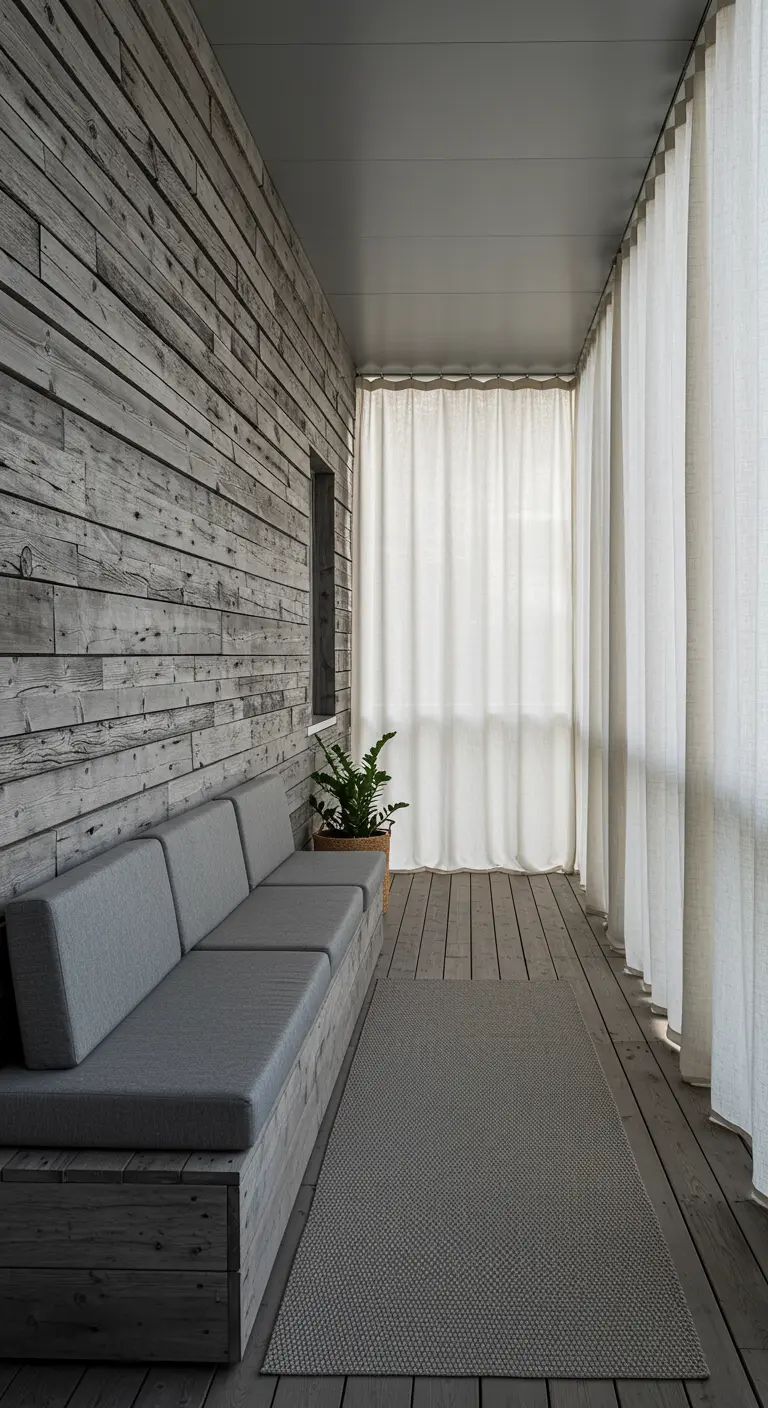 A long, narrow balcony with a gray built-in sofa that stretches along a wood-paneled wall.