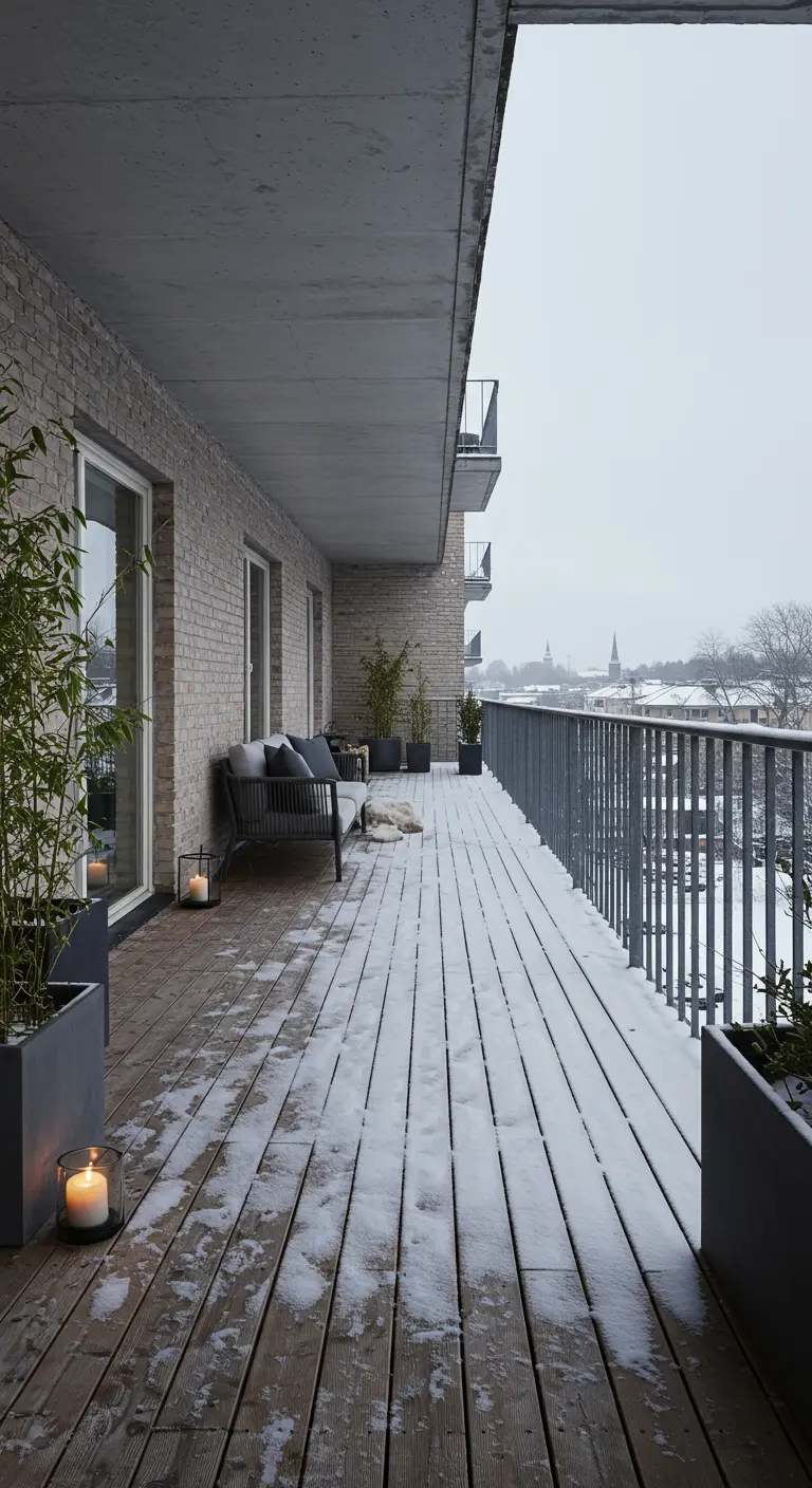 A long, narrow balcony with a row of rectangular planters and a few candle lanterns.