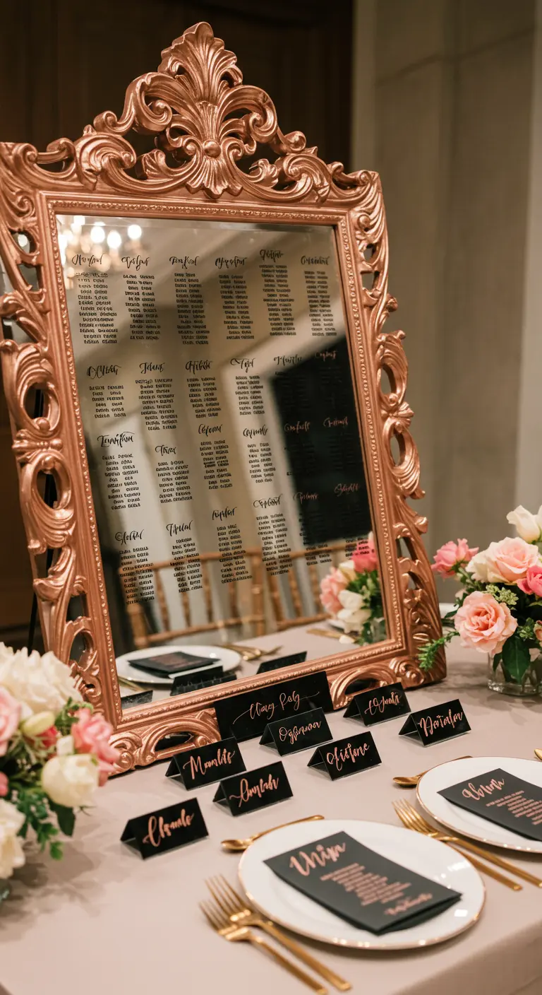 An ornate rose gold mirror used as a seating chart for a party.