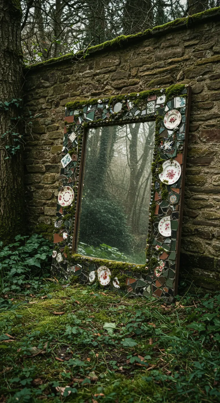 A large, moss-covered mosaic mirror with broken china leaning against an old stone wall.