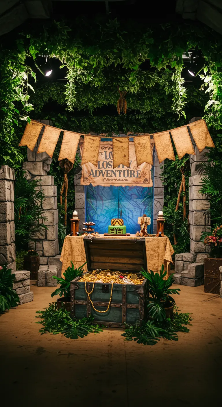 Adventure-themed party with a treasure chest and jungle foliage.
