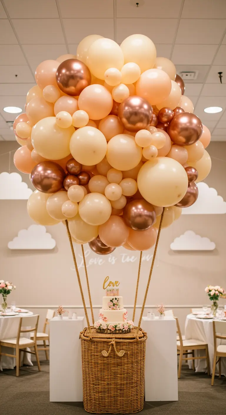 A hot air balloon decoration made from a wicker basket and a large bunch of balloons.