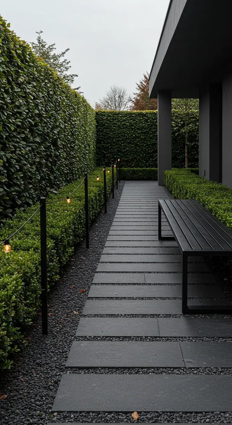 A dark paver path lined with low lights, a black bench, and formal green hedges.