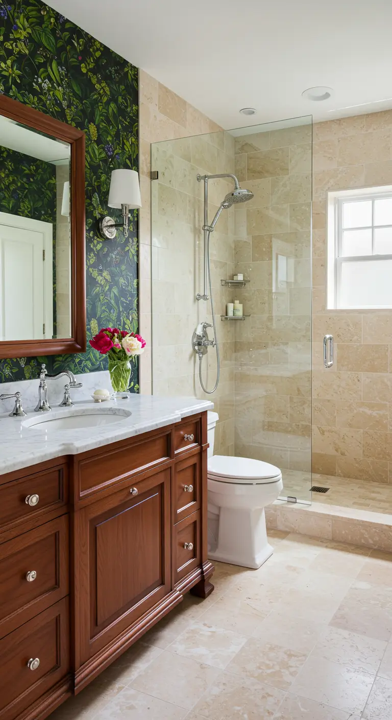 Traditional bathroom with dark green botanical wallpaper behind a wood vanity.