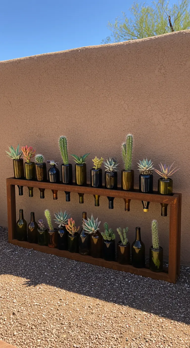 A low, two-tiered rusty metal rack holding wine bottles with cacti and succulents.