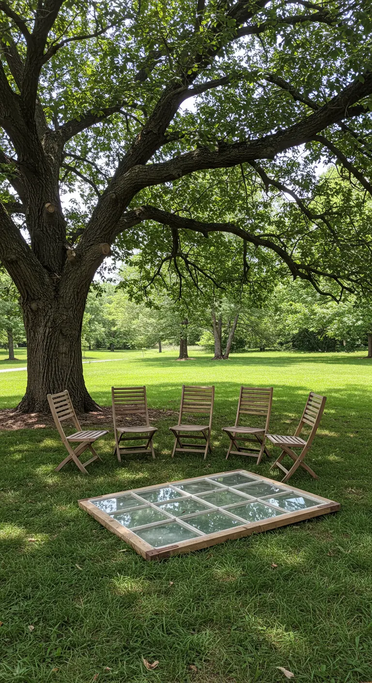 A large window frame lies on the grass as a low picnic table, surrounded by folding wooden chairs.
