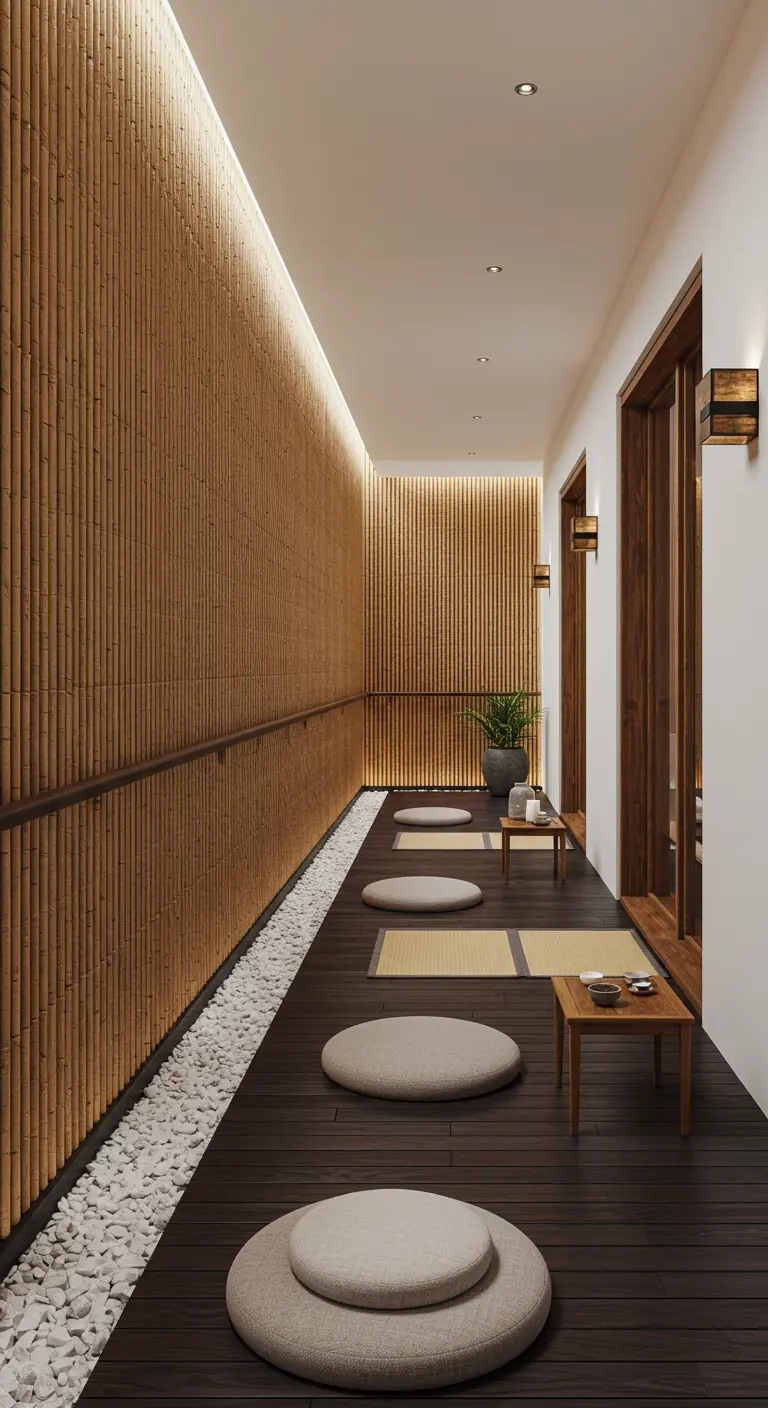 Long, narrow balcony with dark wood floors, floor cushions, and small tea tables in a row.