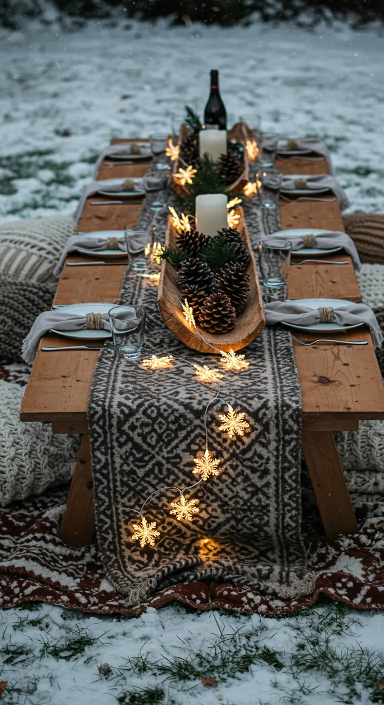 A low wooden table set for a picnic in the snow with cushions, a patterned runner, and lights.