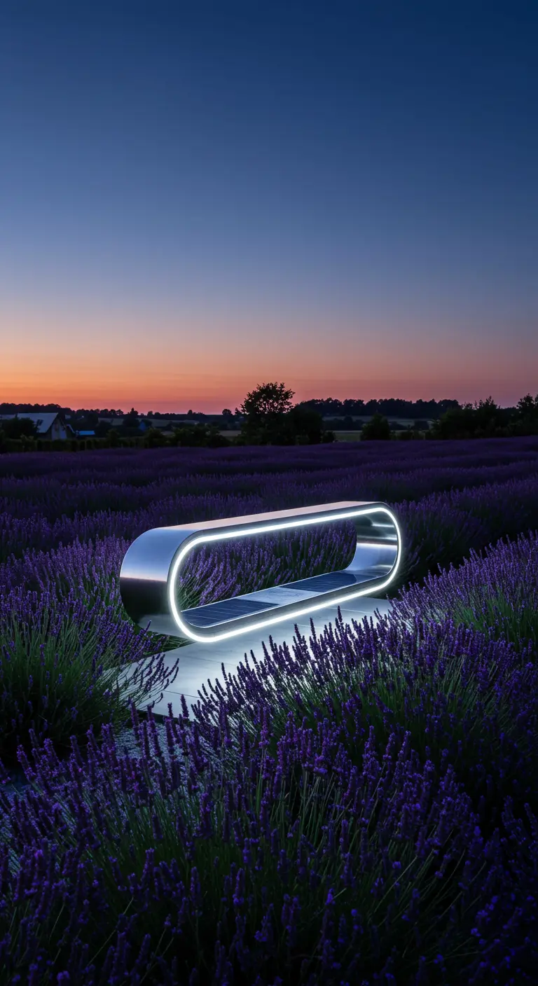 A futuristic, silver bench with built-in strip lighting glows in a lavender field.