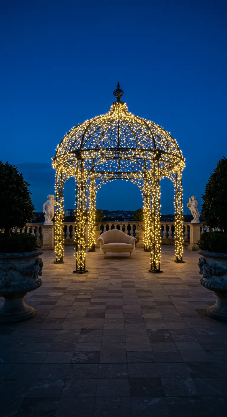 A large wrought iron gazebo completely wrapped in thousands of warm fairy lights at night.