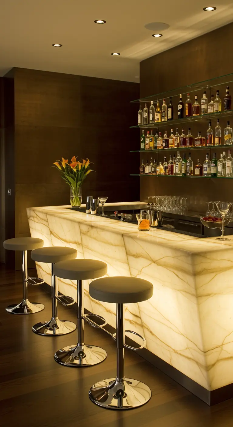 A luxurious home bar made of backlit yellow onyx with modern chrome and leather bar stools.