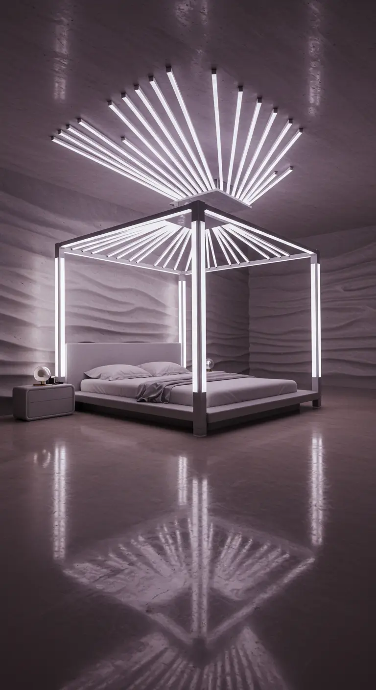 A futuristic bedroom with a canopy bed frame made of glowing white light tubes.