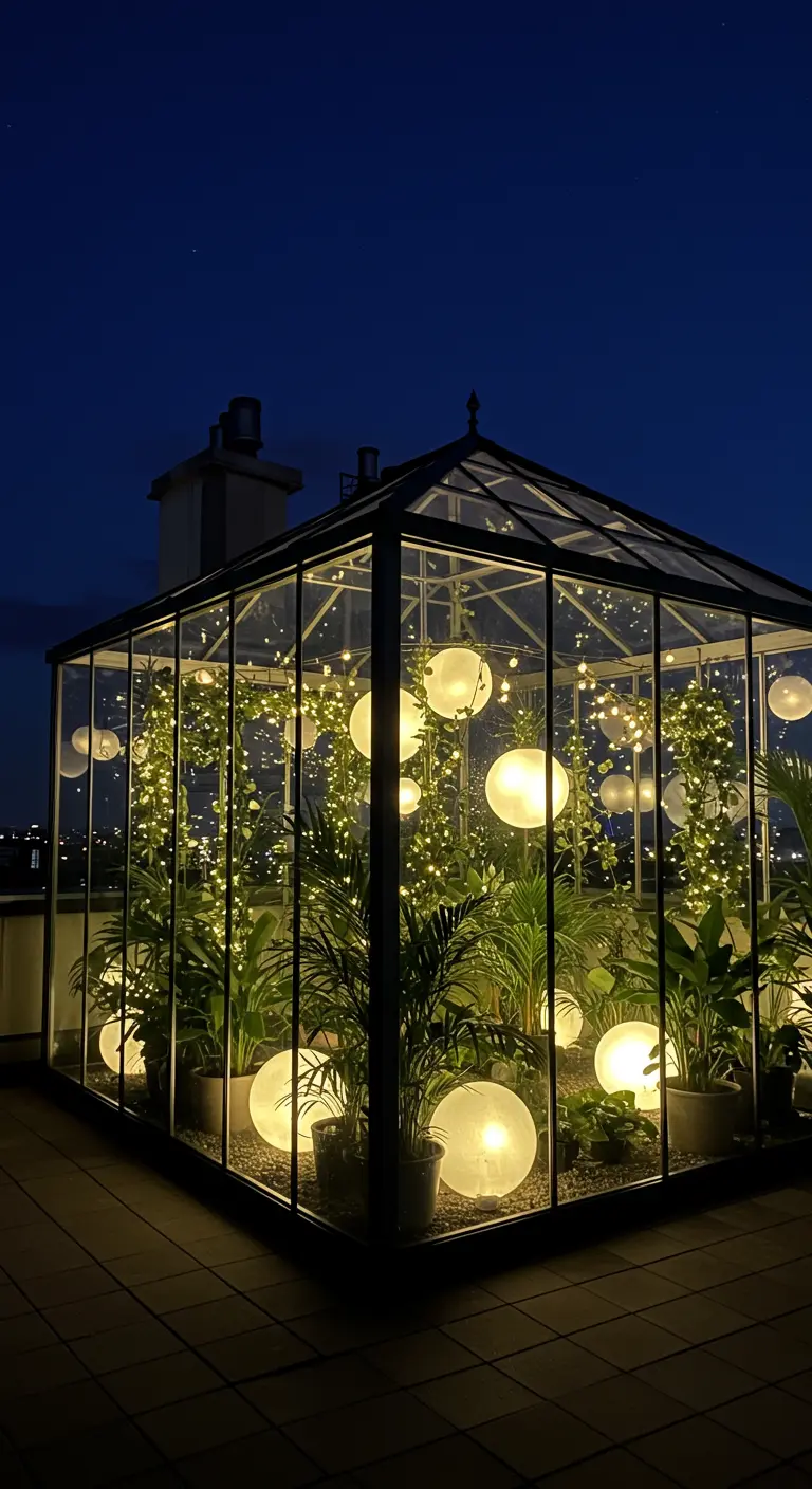 A glass greenhouse on a rooftop, filled with plants and illuminated from within by orbs and fairy lights.