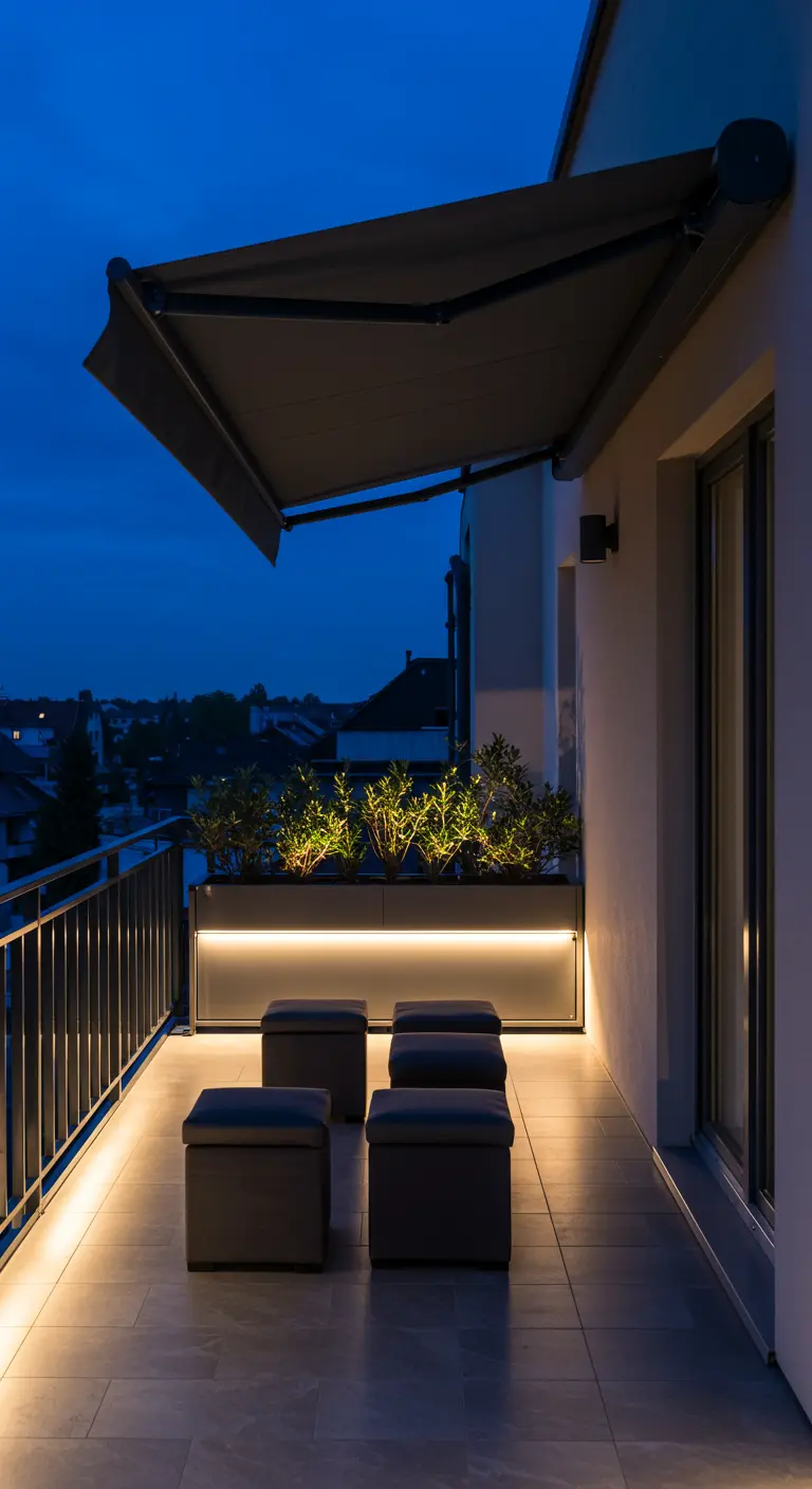 A modern balcony at night, with an LED-illuminated planter and dark ottoman seating.