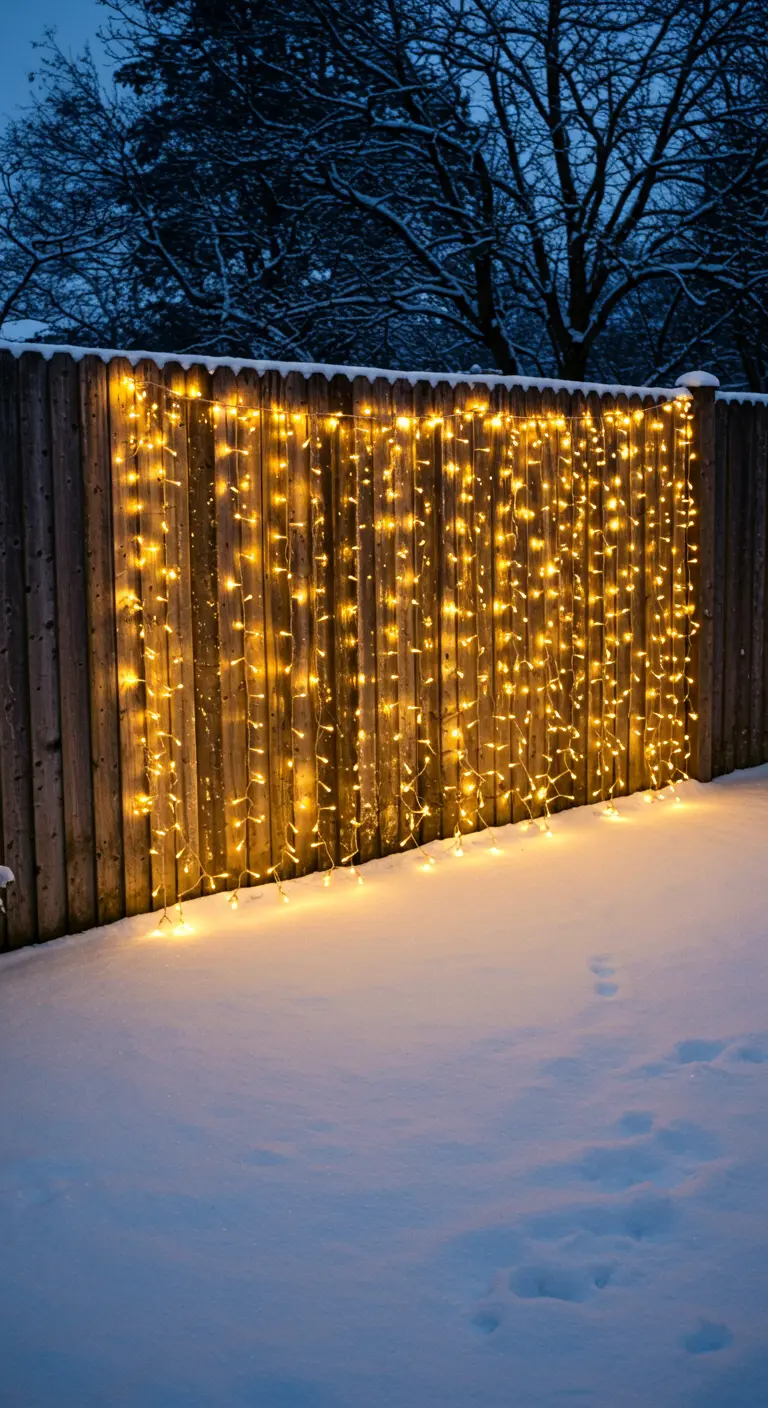 A tall wooden fence covered in a glowing curtain of warm white fairy lights.