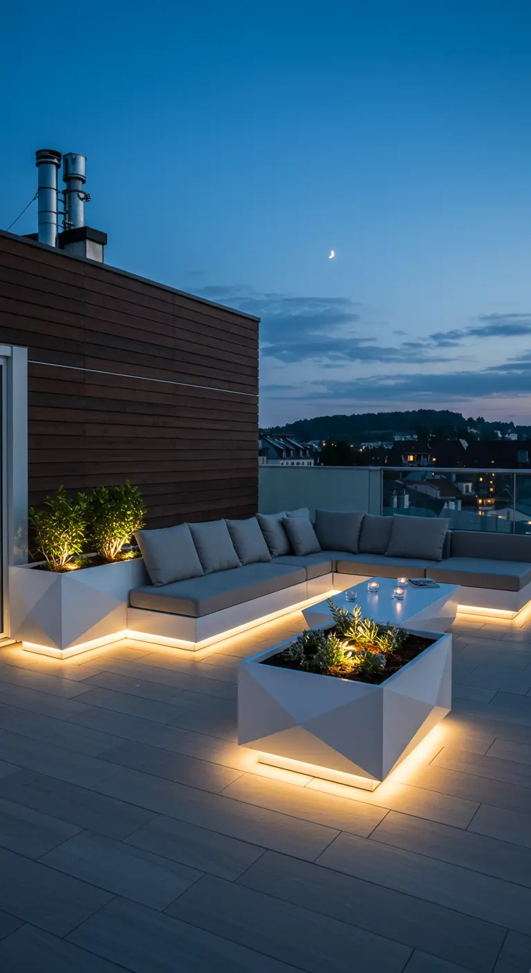 A large outdoor sofa integrated with white geometric planters that are underlit with LED strips.