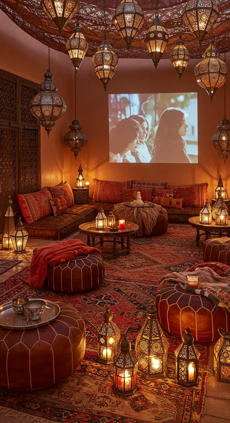 A Moroccan-themed room filled with hanging lanterns, floor cushions, and poufs for a movie night.