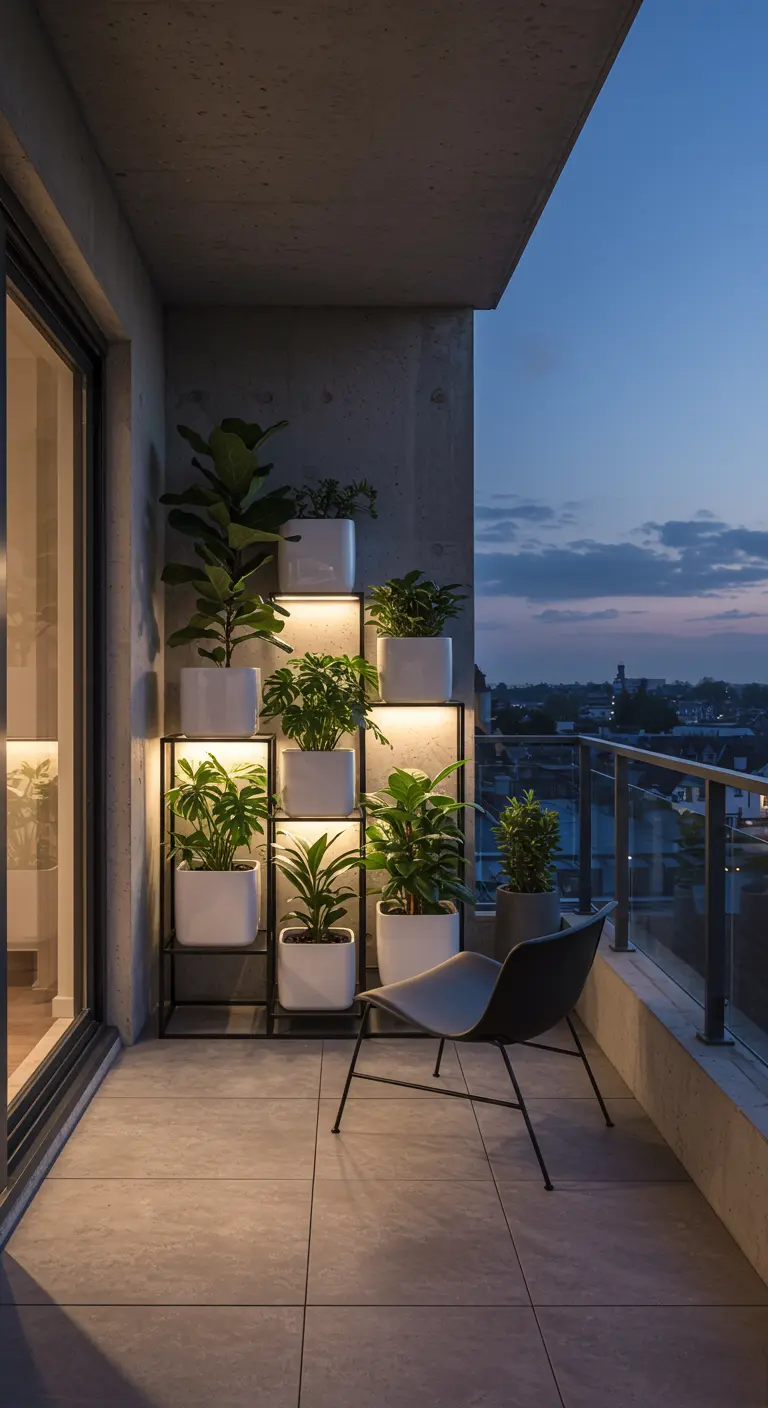 A tiered plant stand with white pots, illuminated from behind by LED lights on a balcony.