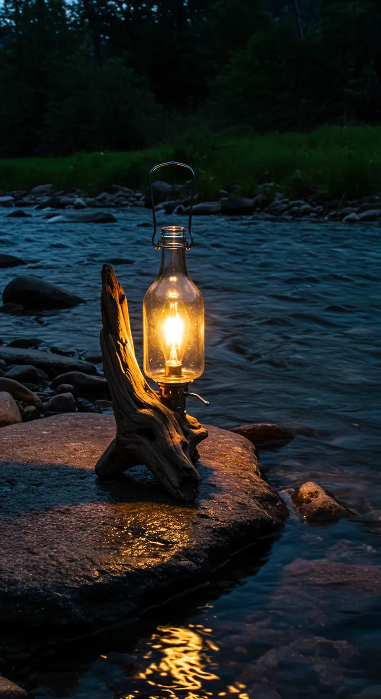 An electric lantern with a wine bottle shade and driftwood base on a rock by a river.