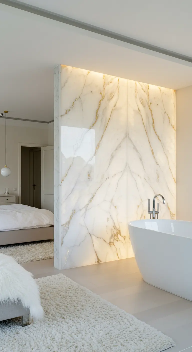 An open-concept bedroom and bathroom separated by a large, glowing backlit white marble wall.