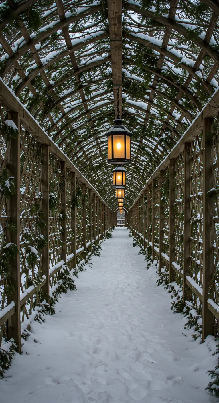 A long, snow-covered wooden arbor tunnel lit by hanging lanterns.