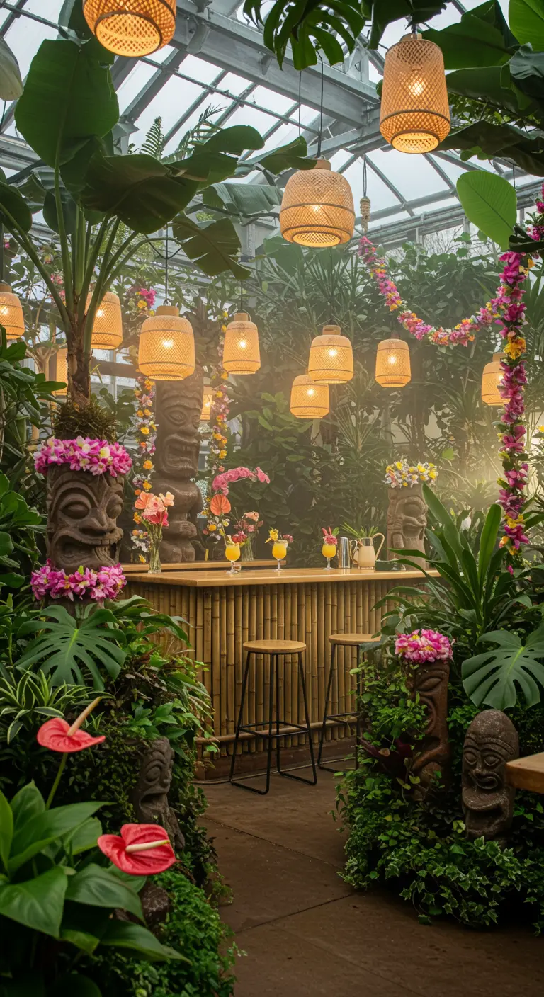 A tiki bar in a lush greenhouse, surrounded by dense tropical plants like monstera and anthuriums.