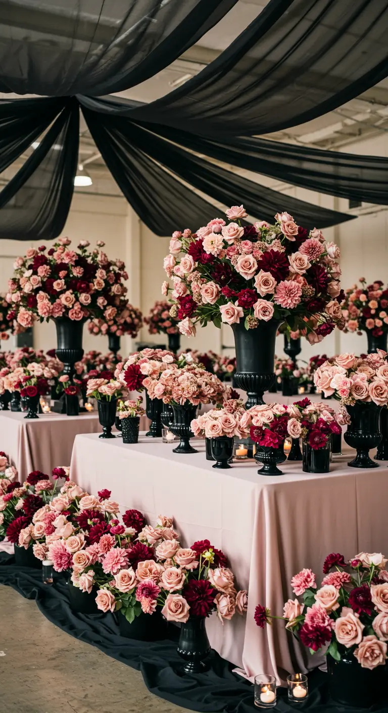 Tables laden with enormous bouquets of pink and red roses in black vases.