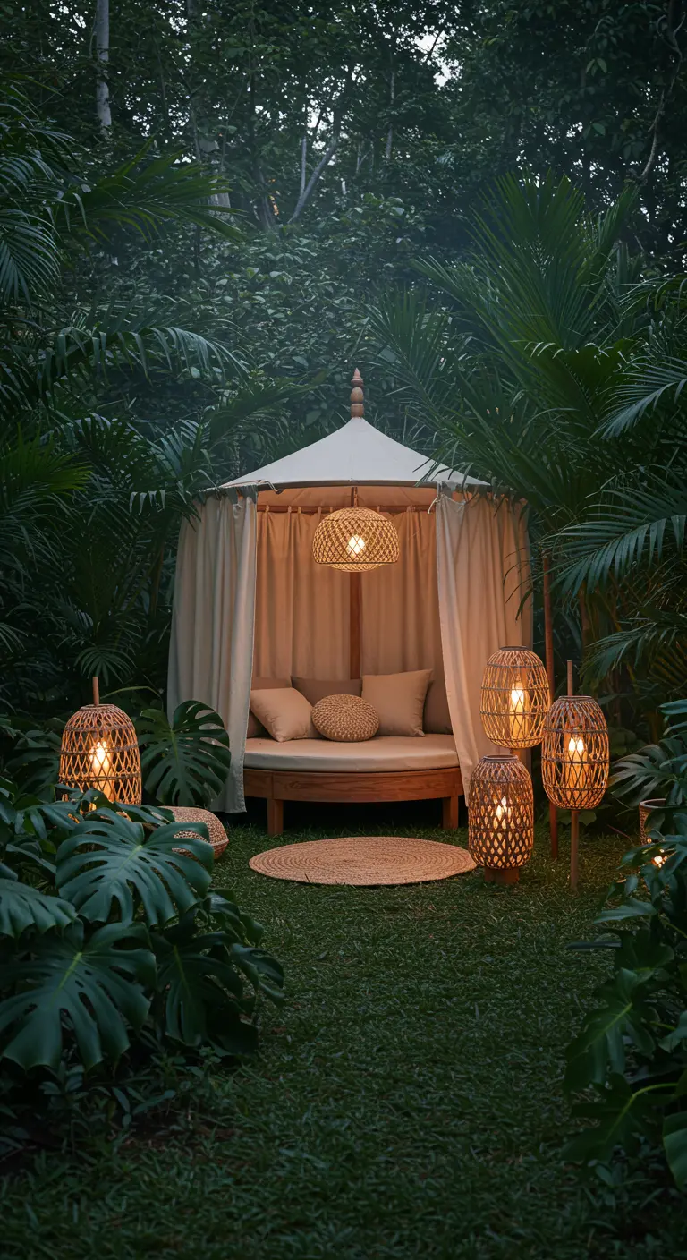 Round teak daybed with a canopy surrounded by lush jungle plants and rattan lanterns.