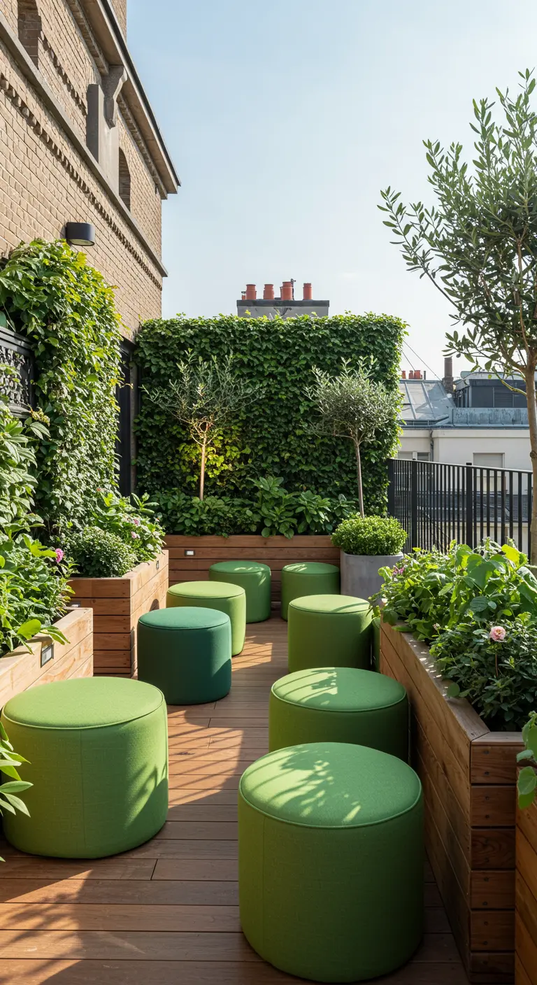 Narrow wooden deck with shades-of-green poufs, wood planters, and ivy-covered walls.