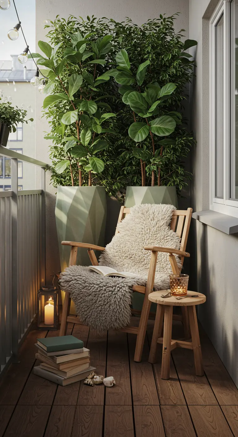 A cozy balcony reading nook with a large armchair surrounded by tall, leafy green plants.