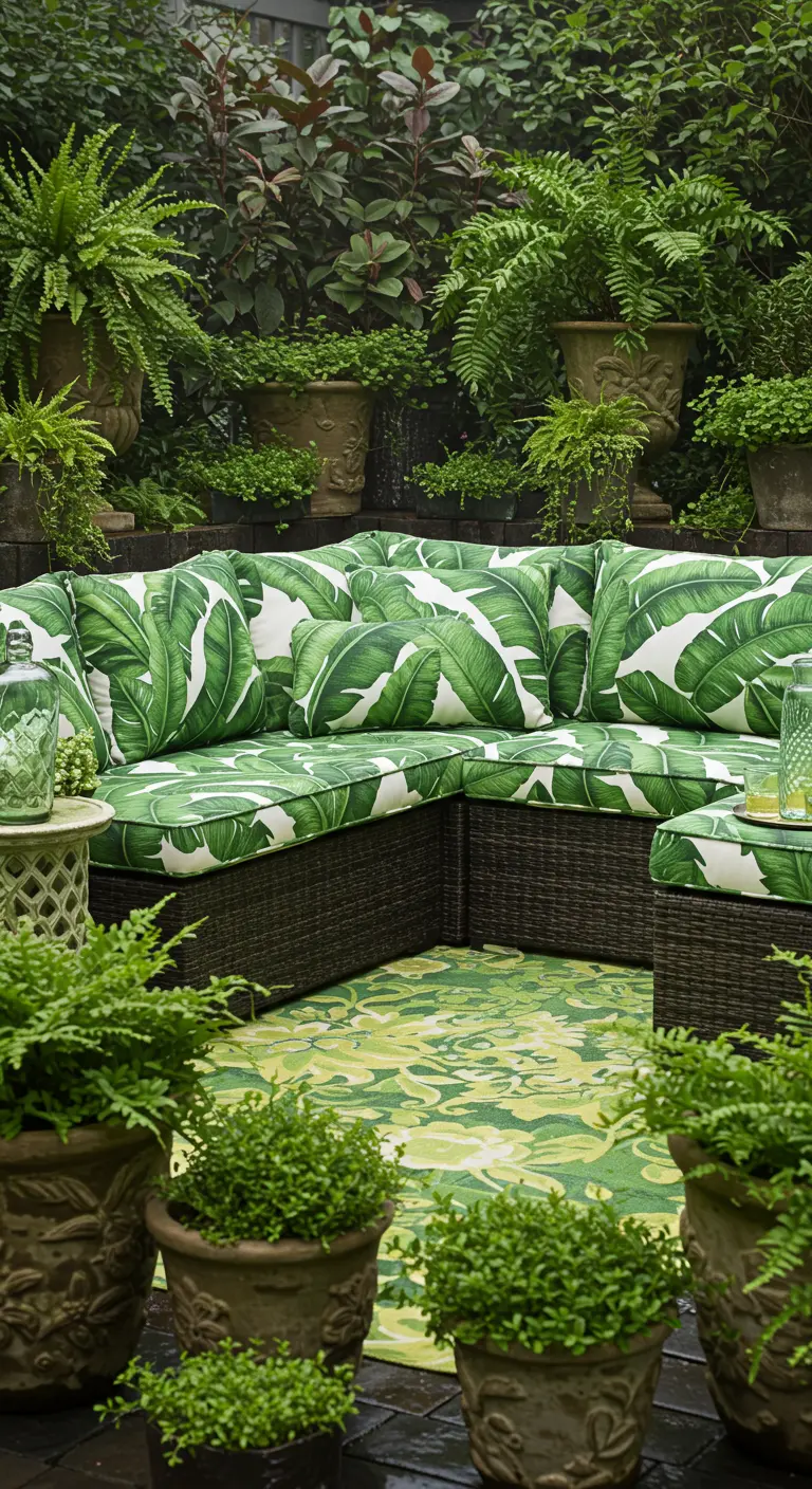 A sectional with vibrant banana leaf print cushions surrounded by a profusion of ferns.