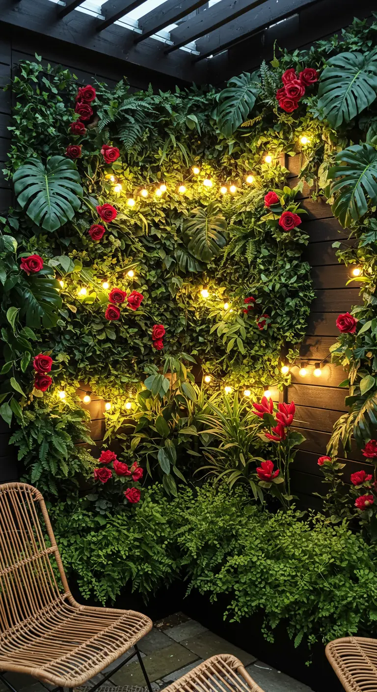 A dense wall of mixed greenery, ferns, and red roses, lit by scattered globe lights.