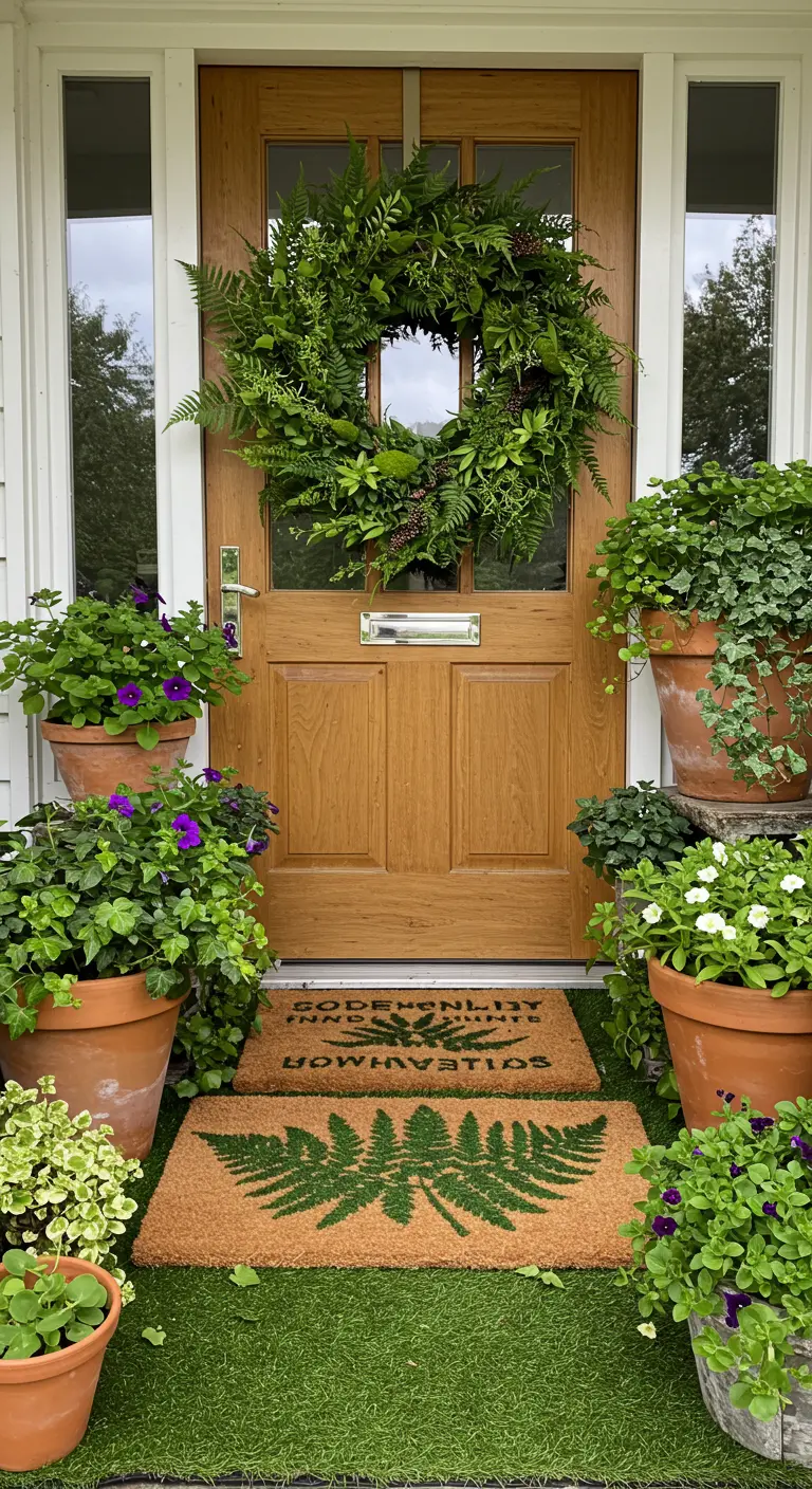 Wood door with a large fern wreath, surrounded by numerous potted green plants.