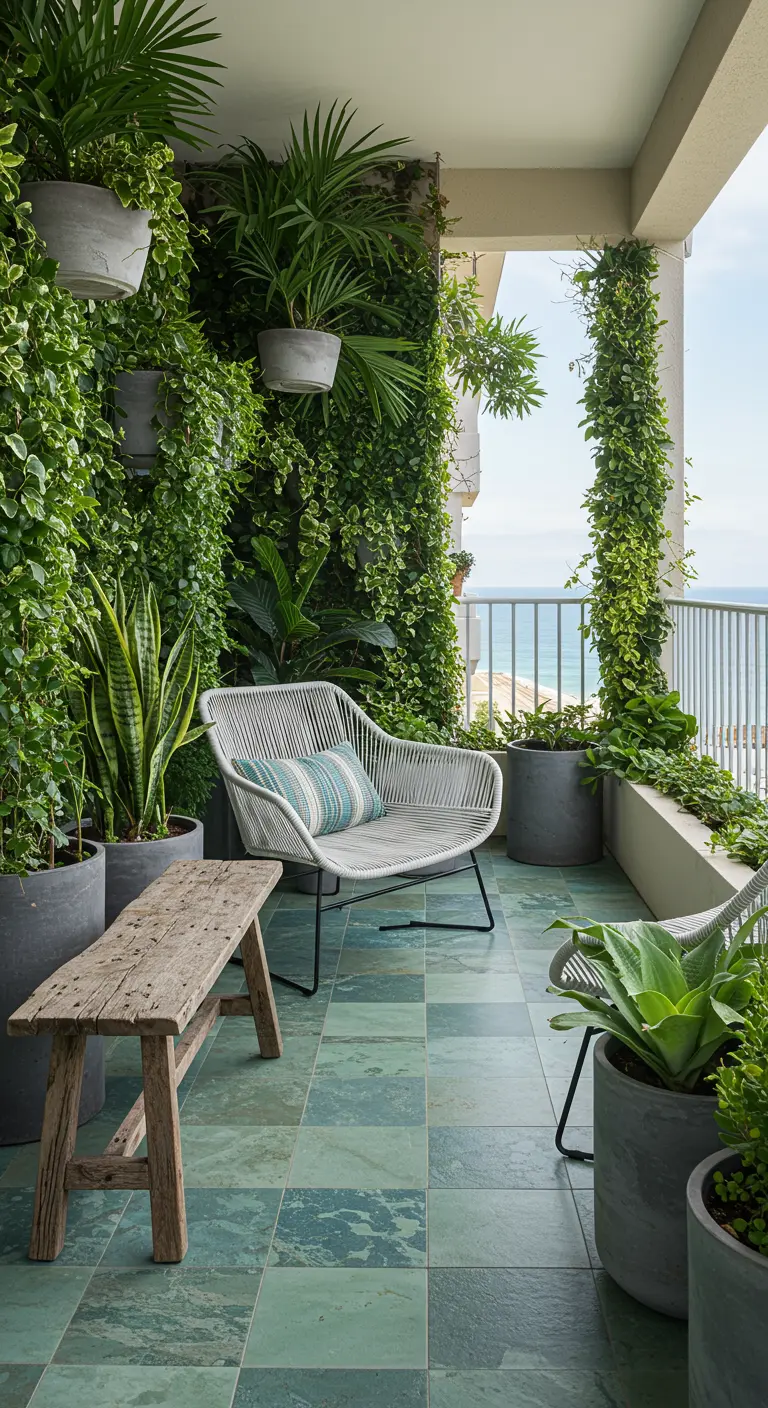 A balcony with a lush vertical garden wall, a rustic bench, and a modern white woven loveseat.