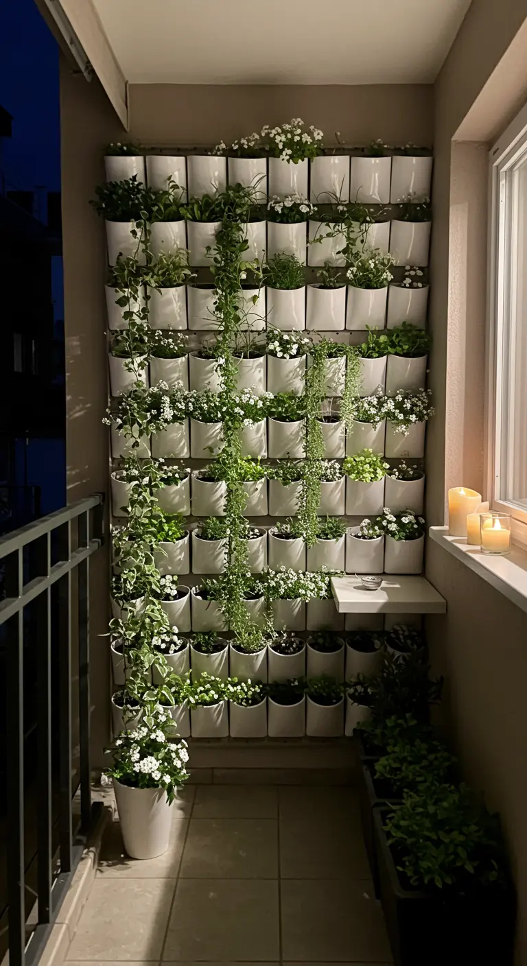 A narrow balcony with a full wall covered in a vertical garden system with white flowers.