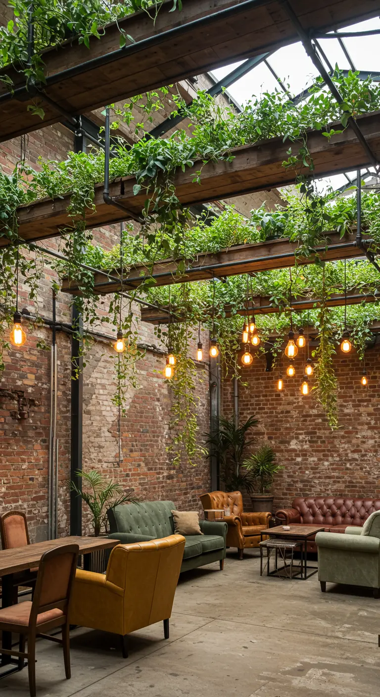 A patio with an overhead pipe structure holding planters, creating a ceiling of cascading green vines and lights.