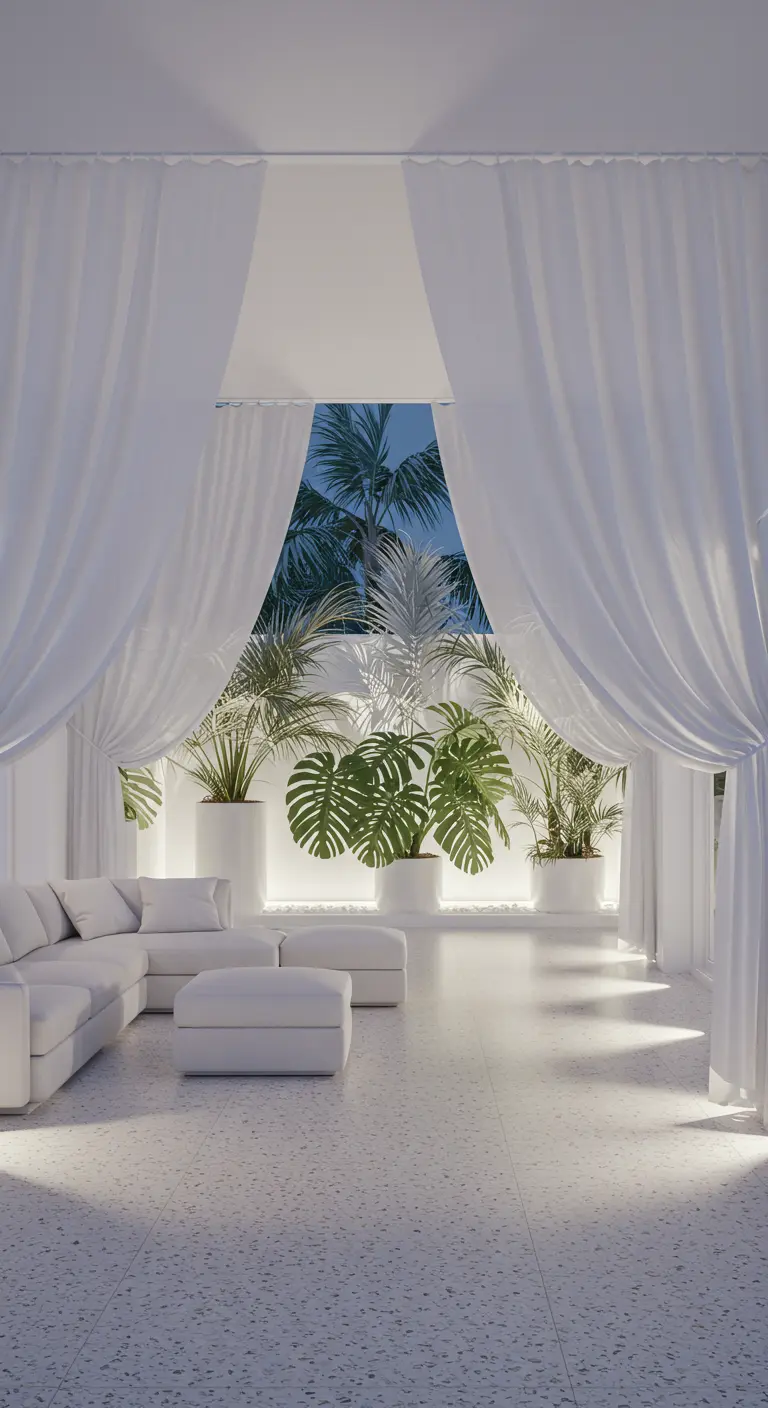A white terrace with lush plants like Monstera, framed by sheer white curtains.