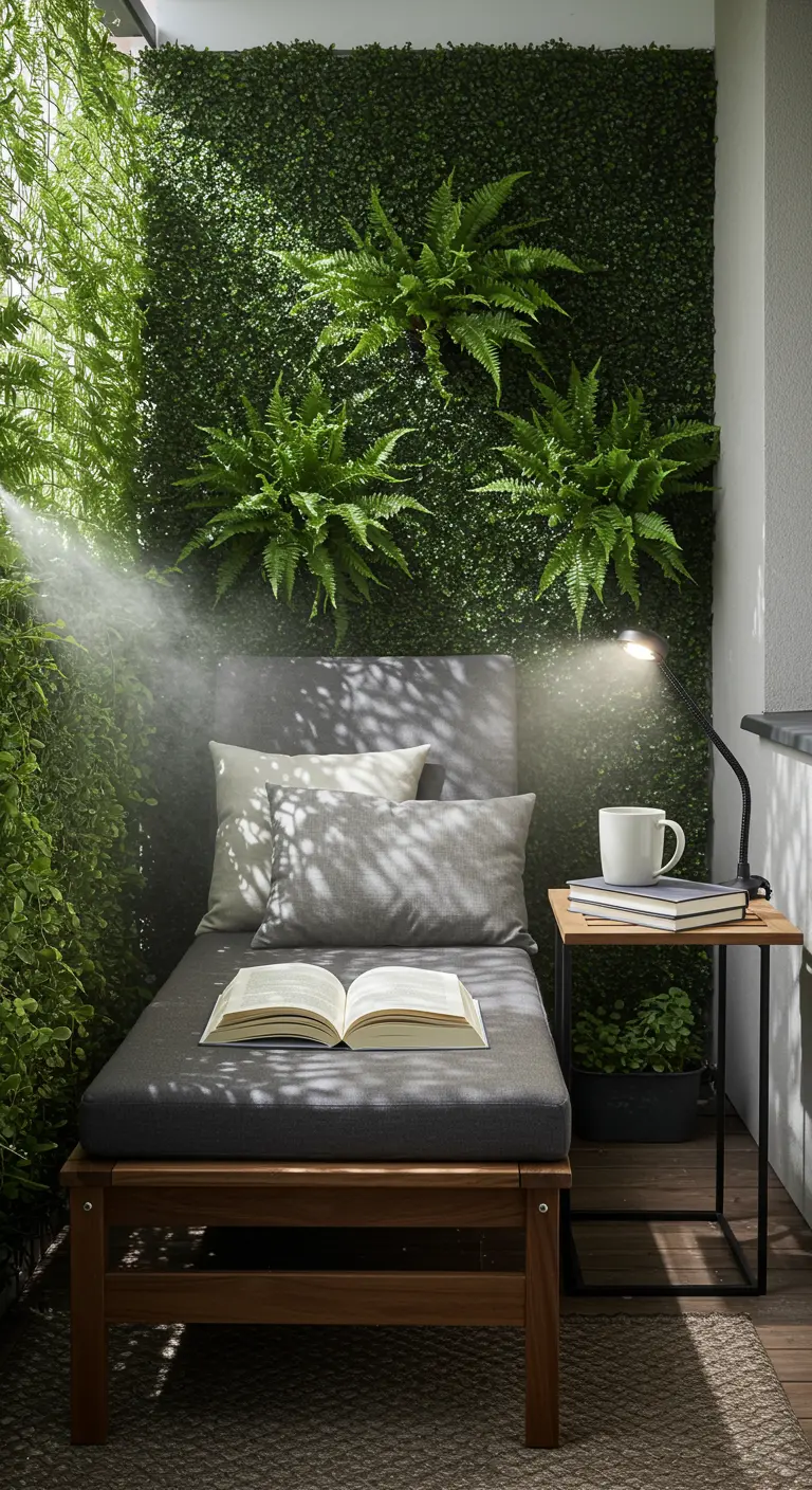A cozy reading nook on a balcony with a daybed, lamp, and book next to a green wall.