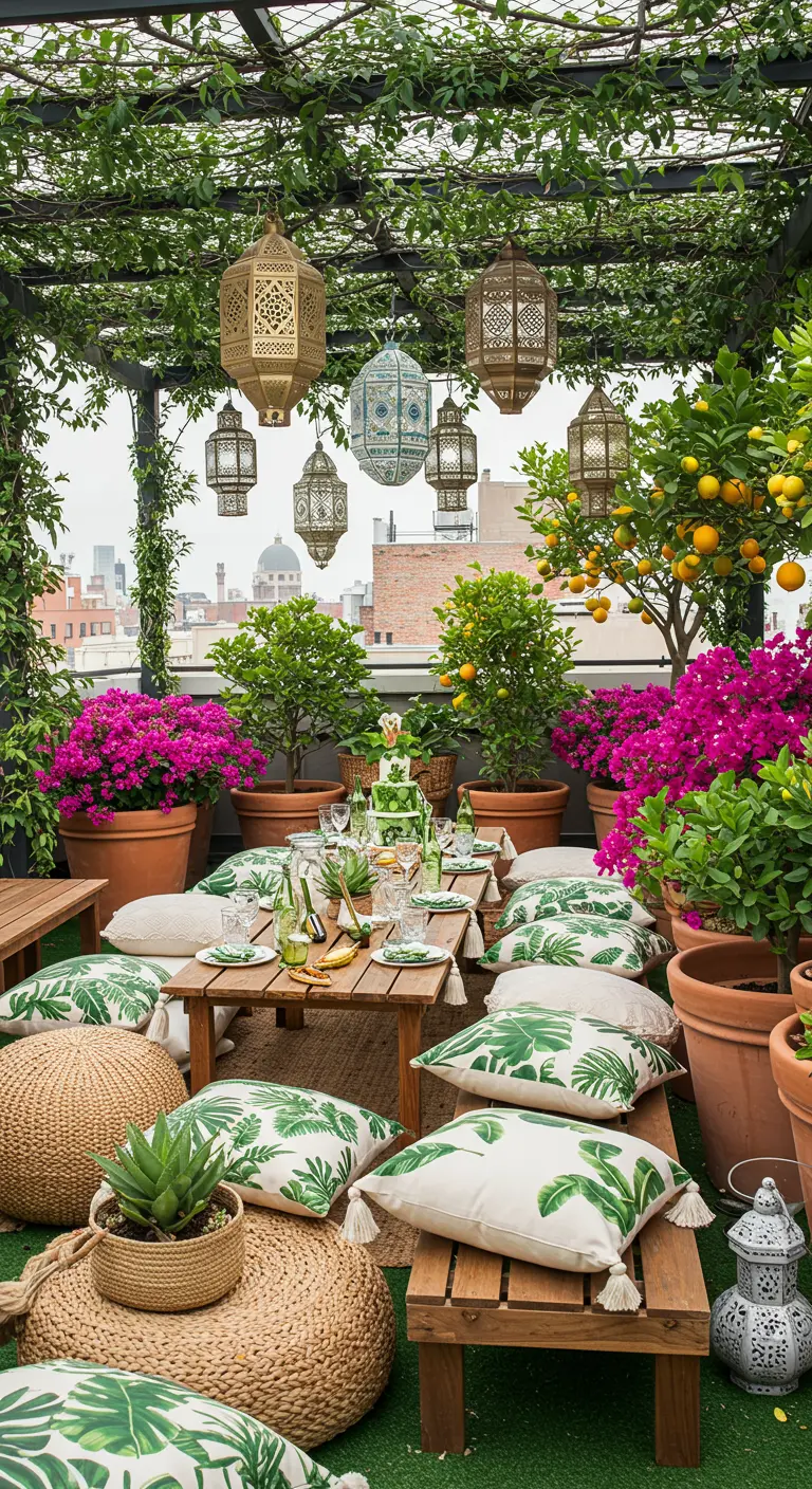 A lush, green rooftop garden party with leaf-print pillows and hanging lanterns.