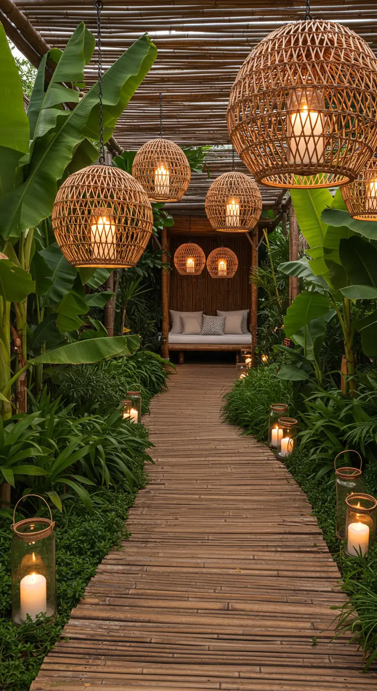 A bamboo path through a jungle-like garden is lit by hanging rattan globes and floor lanterns.