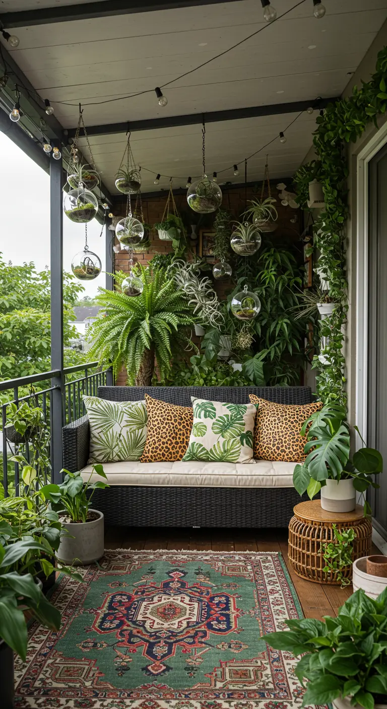 A balcony overflowing with hanging plants, terrariums, and a sofa with leopard-print pillows.