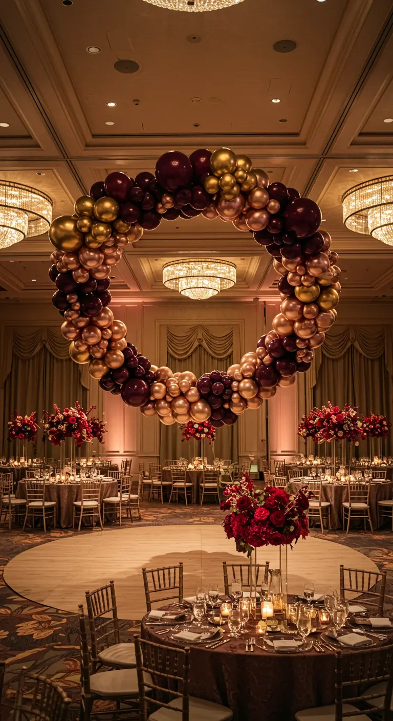 Giant floating wreath of burgundy and gold balloons in an elegant ballroom.