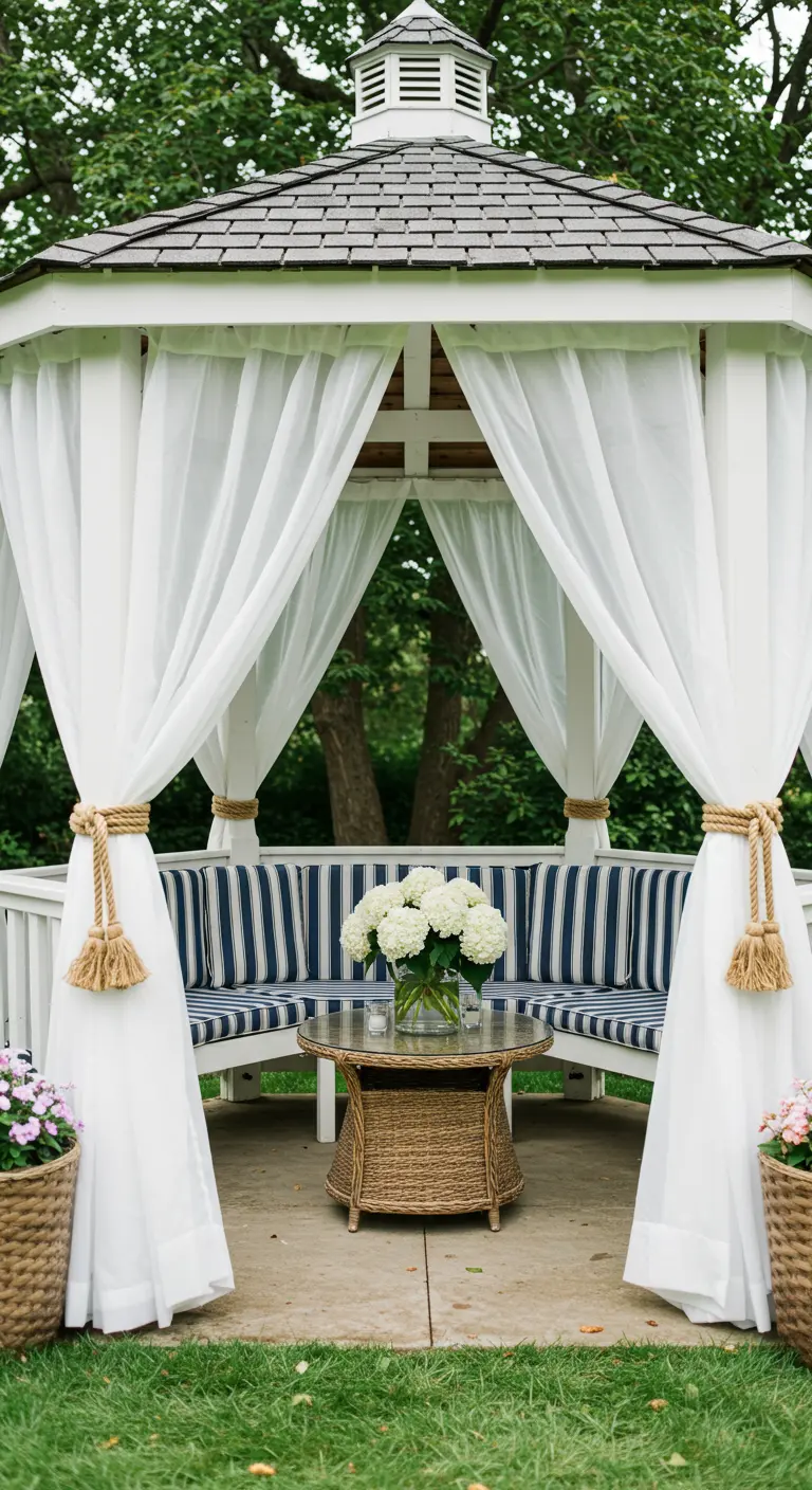 White gazebo with sheer curtains tied back with rope, featuring striped cushions.