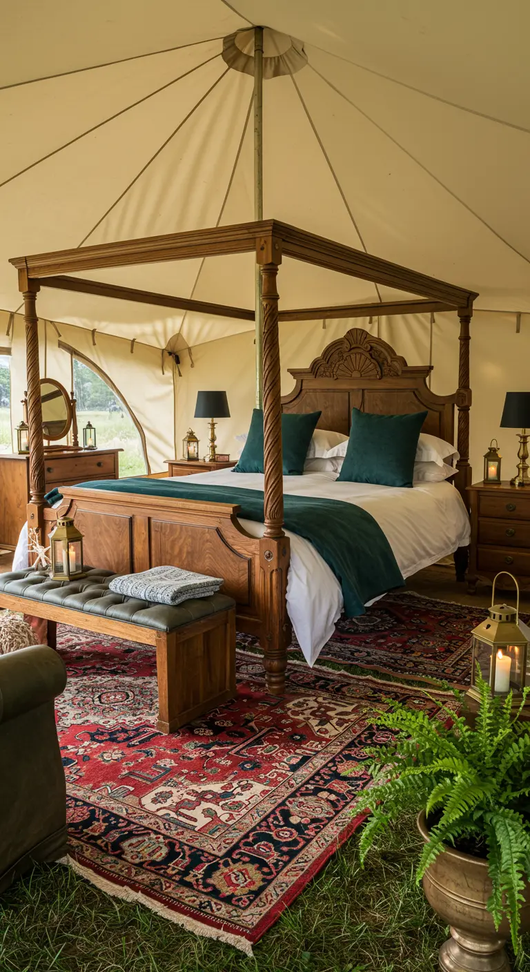 Elegant four-poster bed set up inside a luxury camping tent.