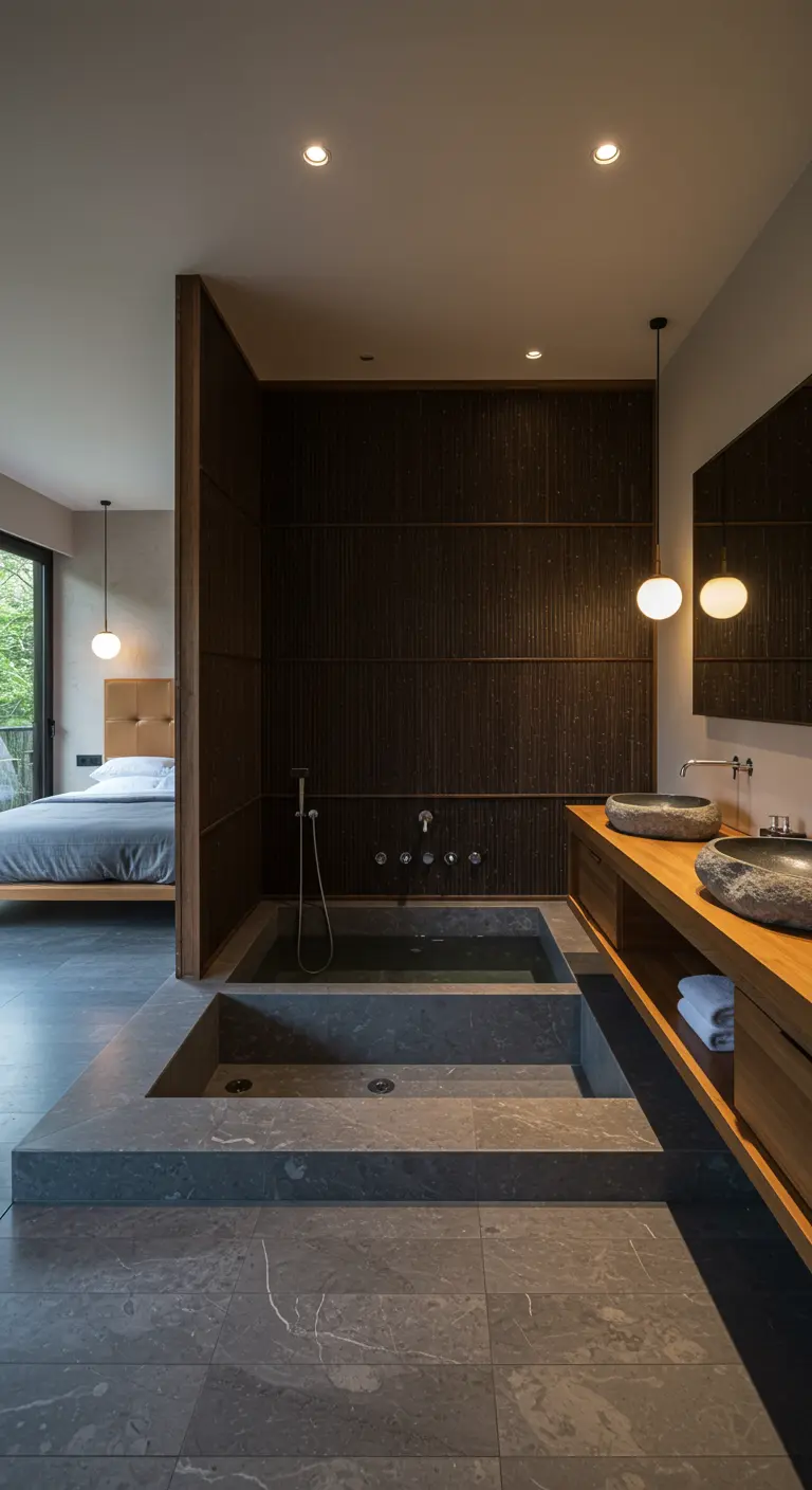 Open-concept bedroom and bathroom with a sunken stone tub separated by a wood partition.