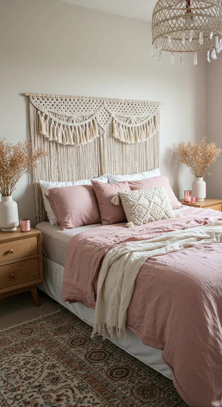 A bedroom with a large macramé piece used as a headboard and dusty rose bedding.
