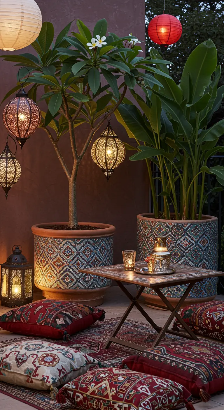 A Moroccan-inspired patio with floor cushions, patterned planters, and ornate lanterns.